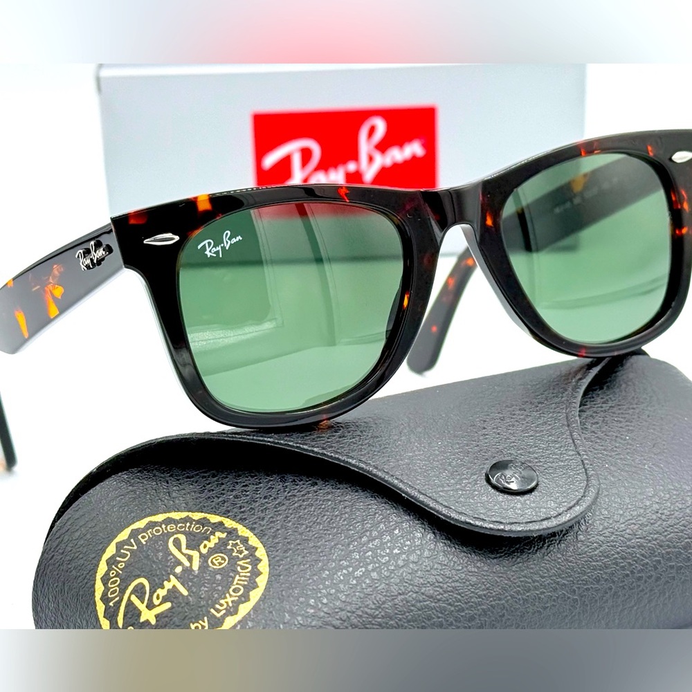 Ray-Ban Classic Sunglasses Wayfarer RB2140 50mm Tortoise w/ Green G15 Lens - Picture 2 of 9